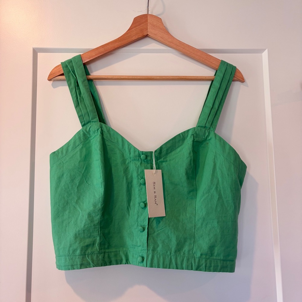 Sim & Sam Button Smocked Corset Babydoll Y2K Crop Top Sz XL Green Preppy Summer